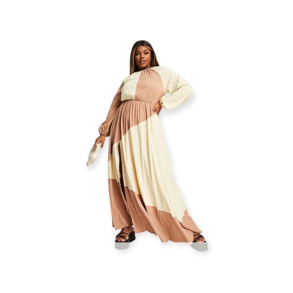 ASOS Curve neutral flowy colourblock maxidress tan mocha bohemian size 12 NWT - Picture 15 of 15